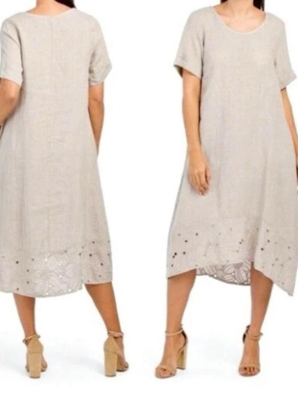 Rosemarine 100% Linen Midi Dress Beige Eyelet Embroidered Hem Made in Italy S